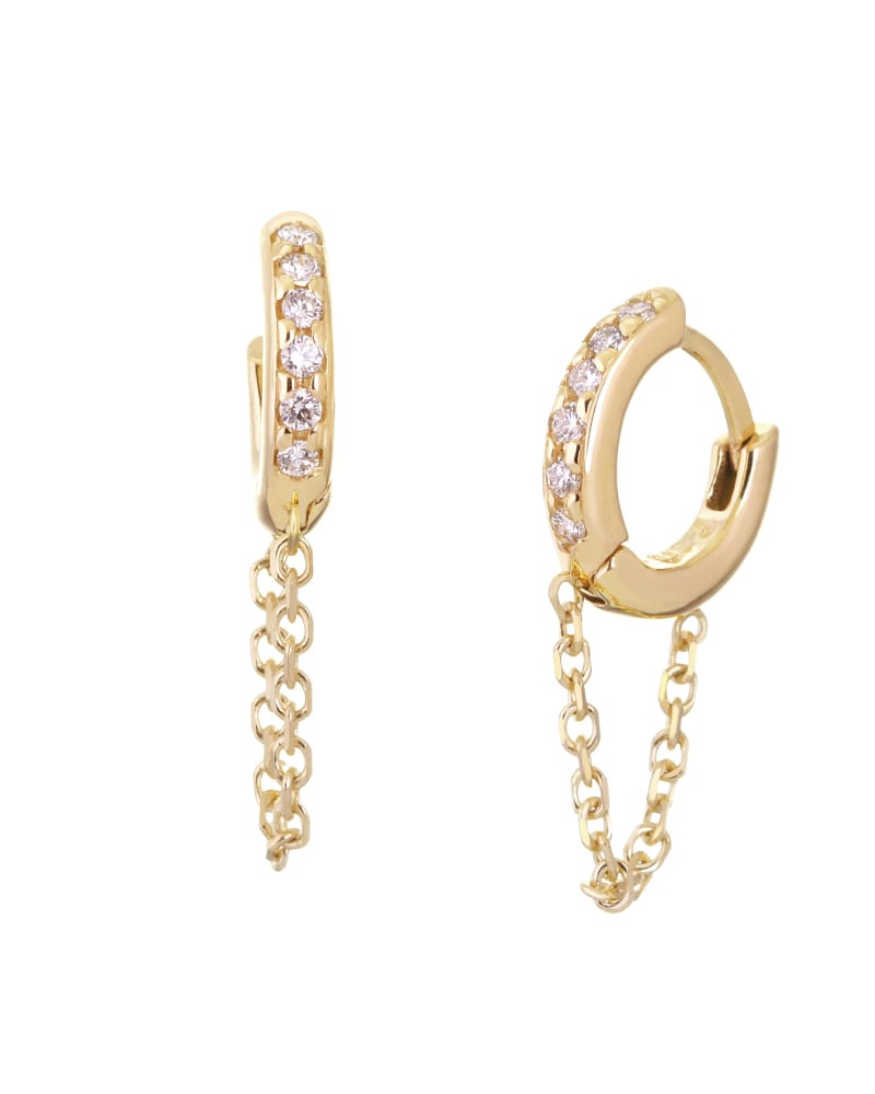 Front of a size one-size-fits-all 10mm Diamond And 14K Gold Huggies With Chain Gold in Gold by Eklexic. | dia_product_style_image_id:282891